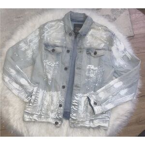 Copper Rivet Ripped Paint Splatter Men’s Denim Blue Jacket Button Up Size M